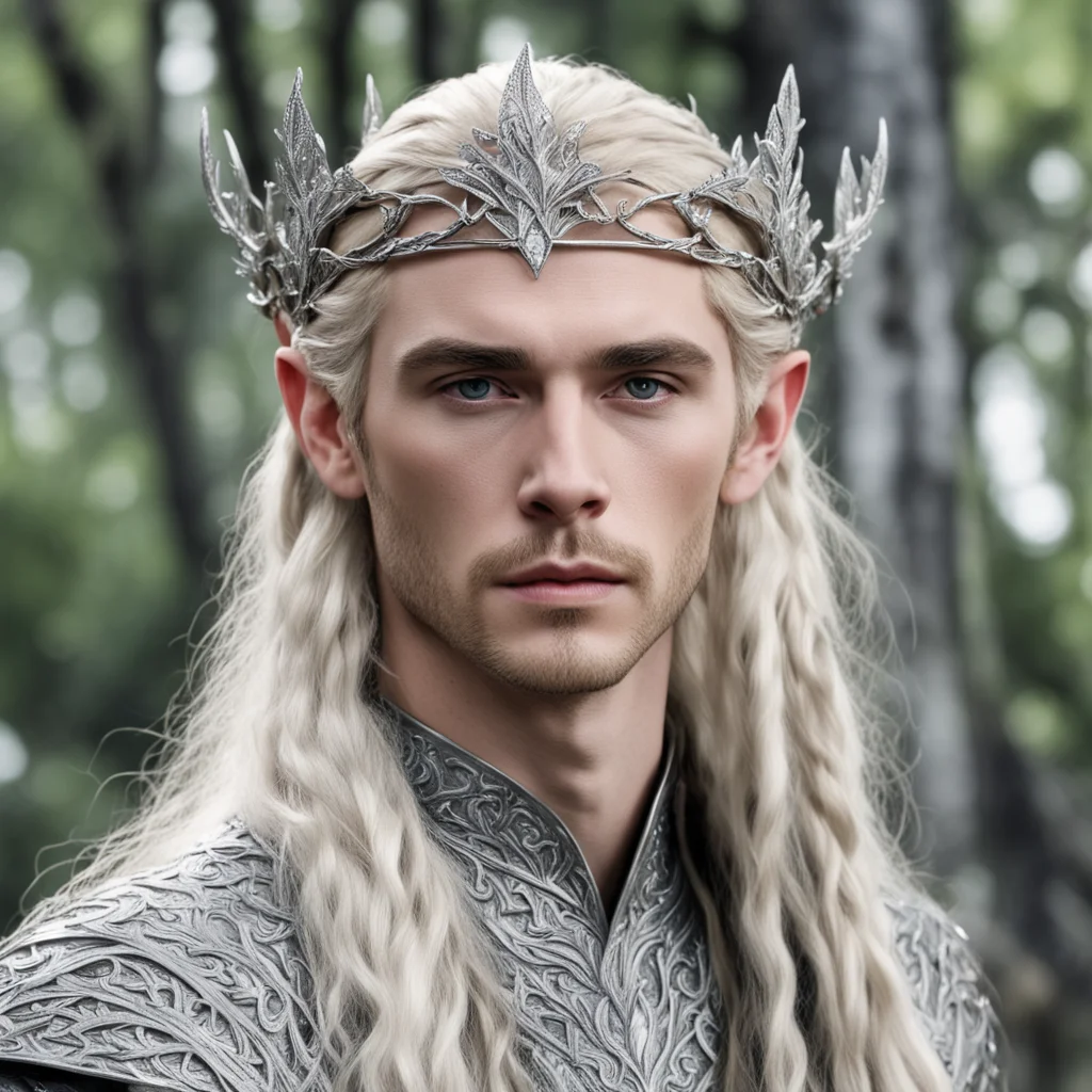 ai king thranduil with blond hair with braids wearing silver oak leaf elvish circlet encrusted with diamonds with large center diamond  amazing awesome portrait 2