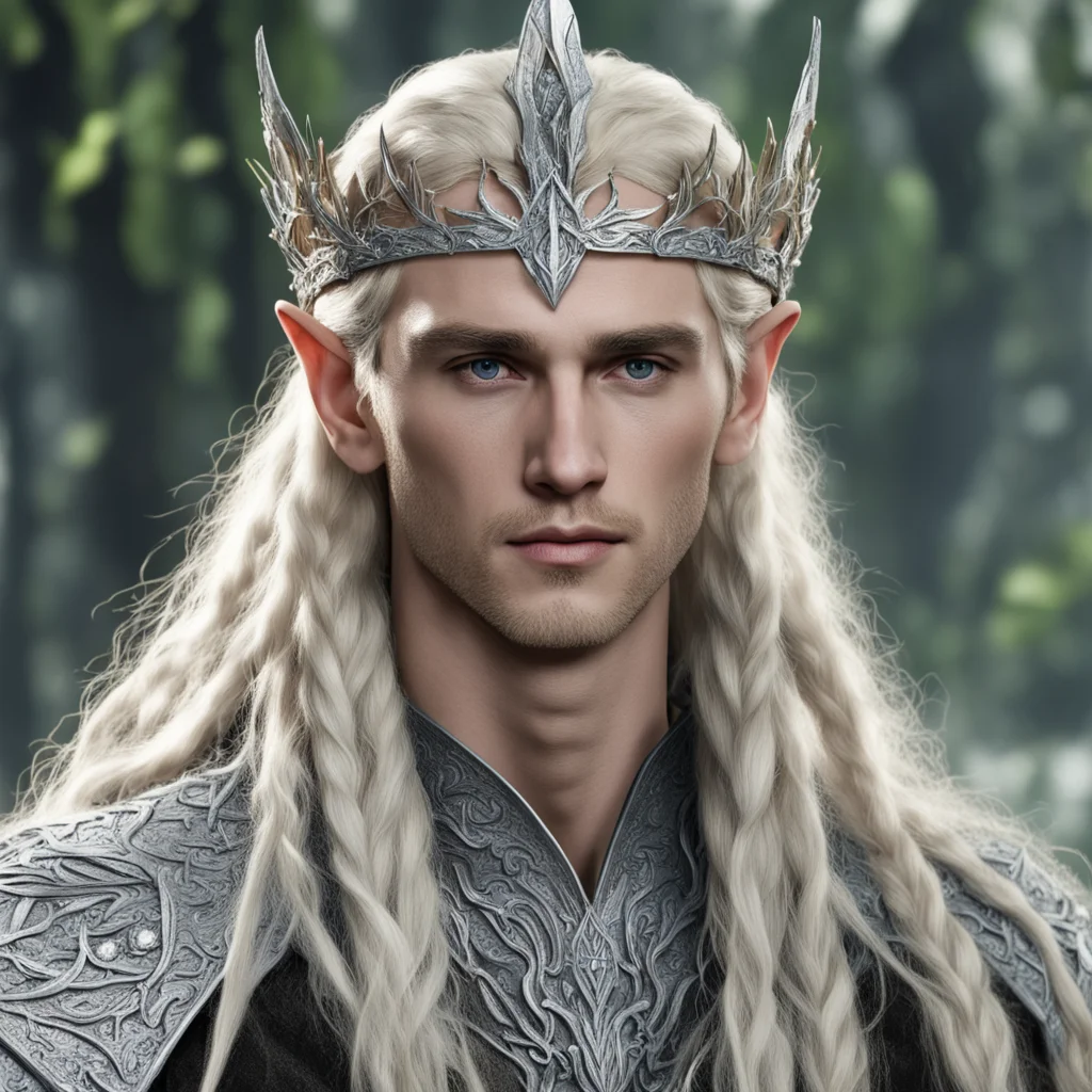 ai king thranduil with blond hair with braids wearing silver oak leaf elvish circlet encrusted with diamonds with large center diamond  confident engaging wow artstation art 3