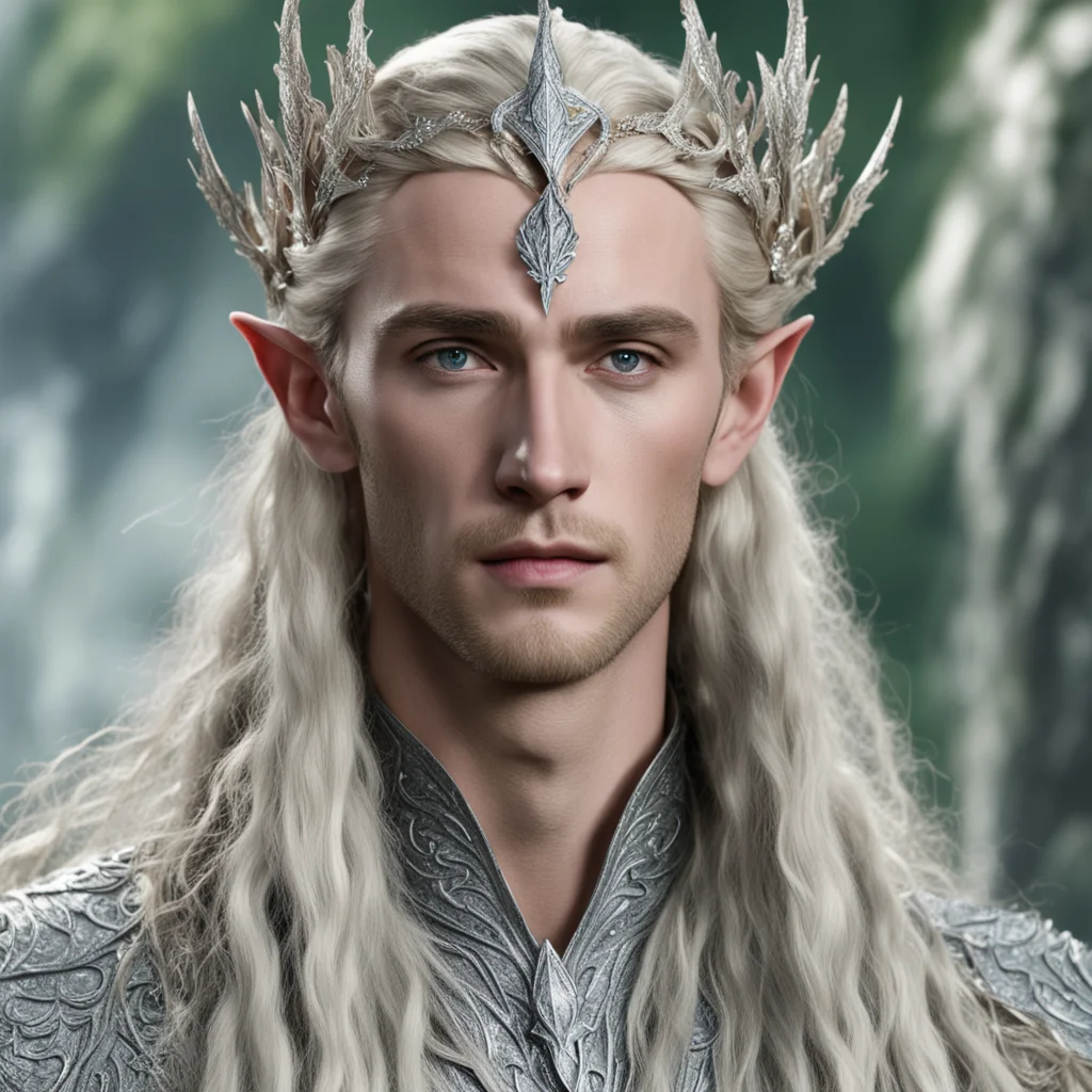  king thranduil with blond hair with braids wearing silver oak leaf elvish circlet encrusted with diamonds with large center diamond  good looking trending fantastic 1
