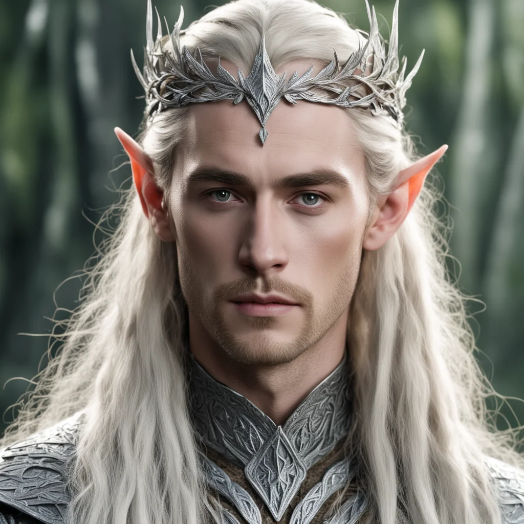 ai king thranduil with blond hair with braids wearing silver oak leaf elvish circlet encrusted with diamonds with large center diamond 