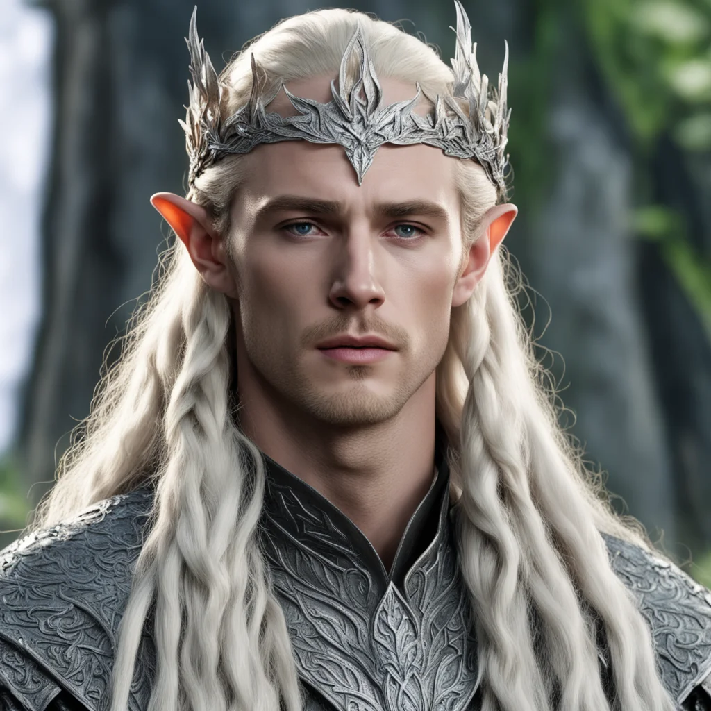 ai king thranduil with blond hair with braids wearing silver oak leaf elvish circlet encrusted with diamonds with large center diamond confident engaging wow artstation art 3