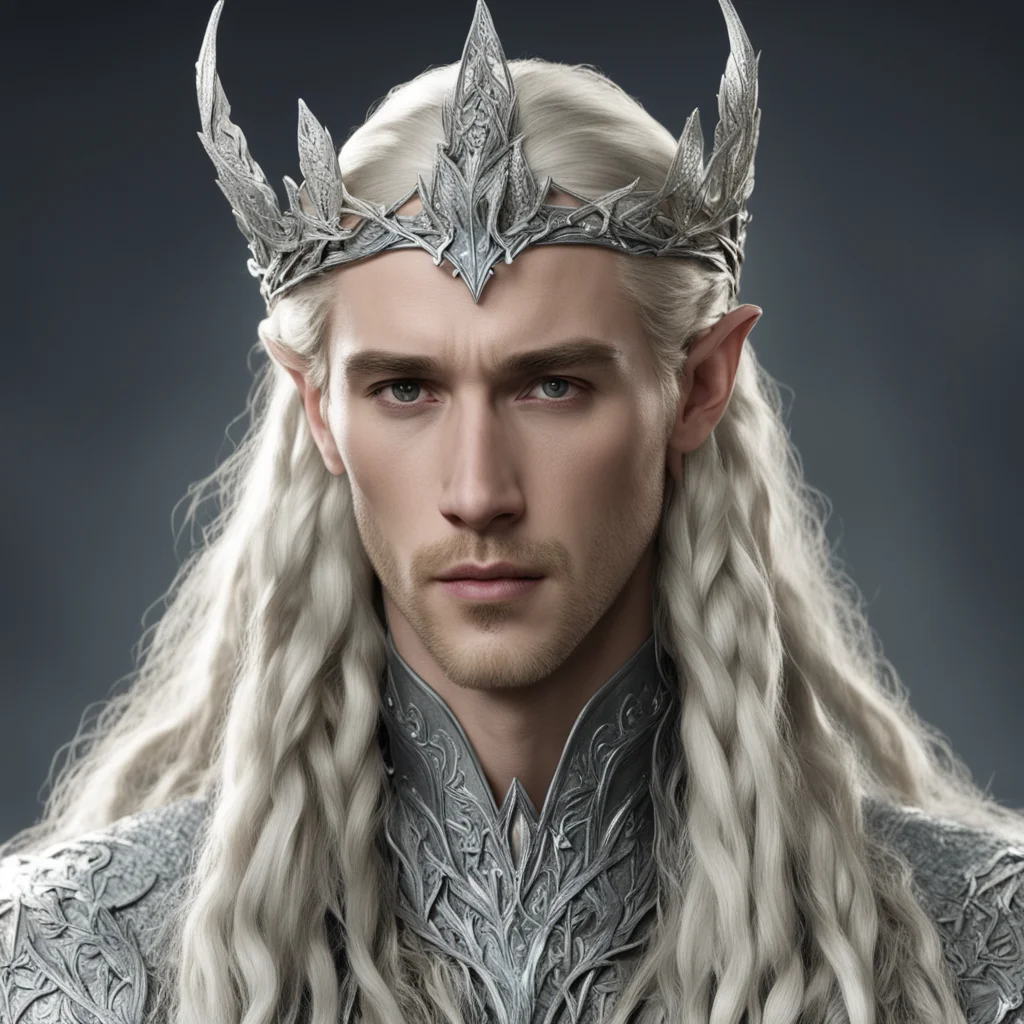 ai king thranduil with blond hair with braids wearing silver oak leaf elvish circlet encrusted with diamonds with large center diamond