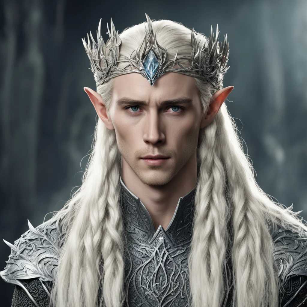  king thranduil with blond hair with braids wearing silver thorny vine silver elvish circlet with diamond rosettes and large center diamond  good looking trending fantastic 1