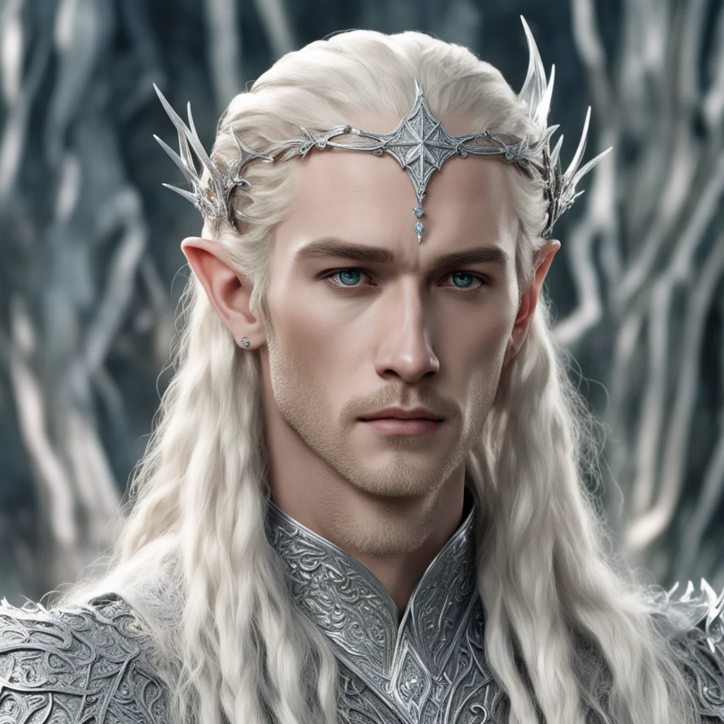  king thranduil with blonde hair and braids wearing silver elvish circlet encrusted with diamonds with large center circular diamond amazing awesome portrait 2