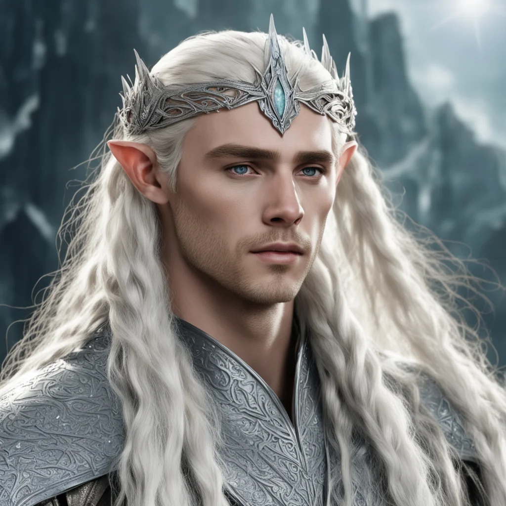 ai king thranduil with blonde hair and braids wearing silver elvish circlet encrusted with diamonds with large center circular diamond confident engaging wow artstation art 3