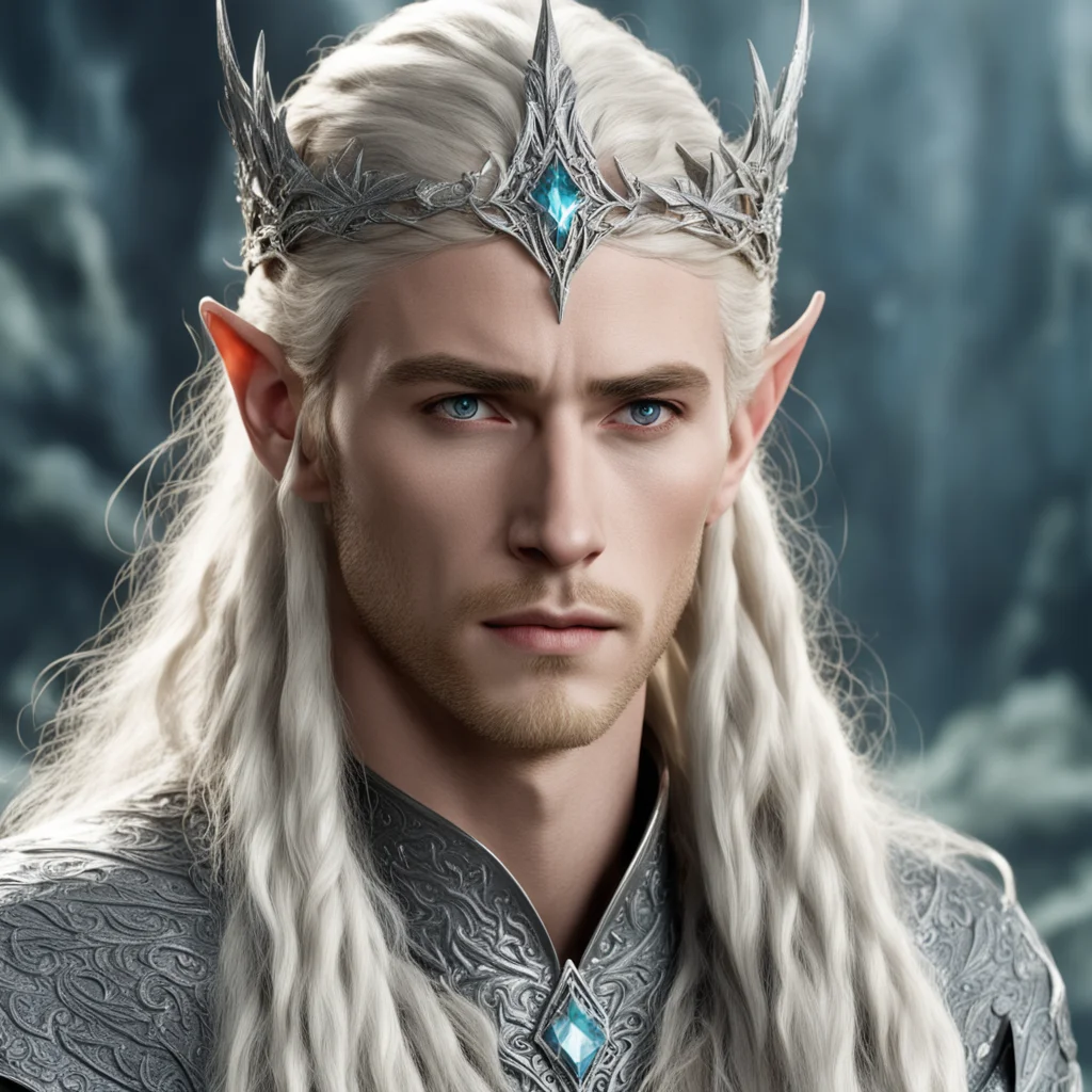ai king thranduil with blonde hair and braids wearing silver elvish circlet encrusted with diamonds with large center circular diamond