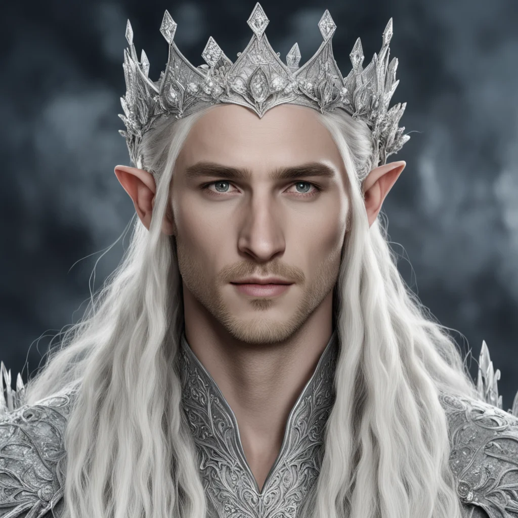 king thranduil with blonde hair and braids wearing silver flowers encrusted with diamonds forming a silver elvish crown with large center diamond  amazing awesome portrait 2