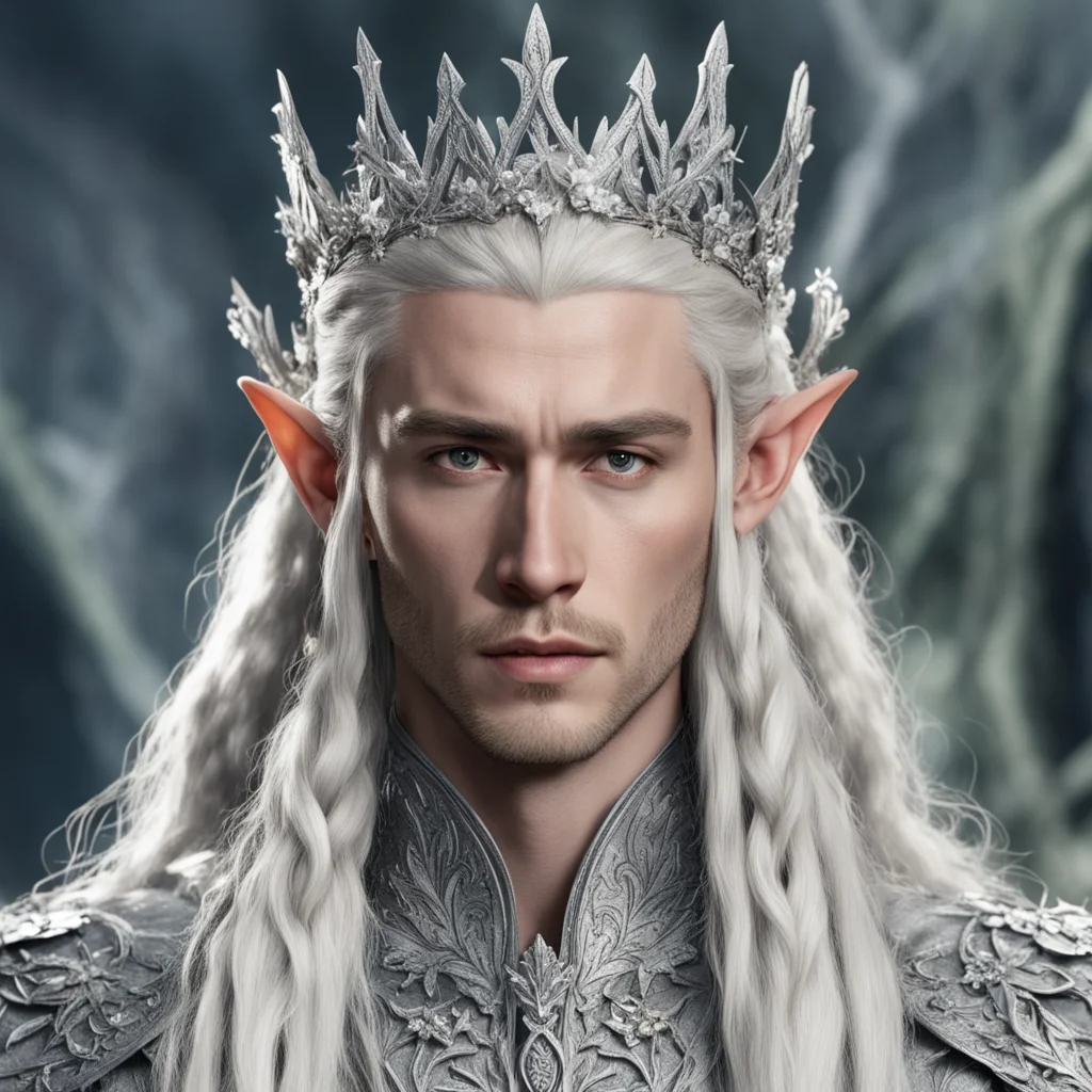 king thranduil with blonde hair and braids wearing silver flowers encrusted with diamonds forming a silver elvish crown with large center diamond  confident engaging wow artstation art 3