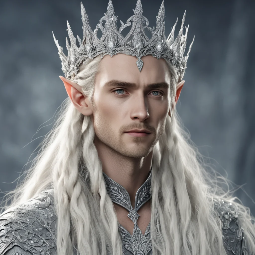 king thranduil with blonde hair and braids wearing silver flowers encrusted with diamonds forming a silver elvish crown with large center diamond  good looking trending fantastic 1