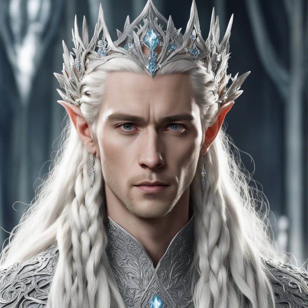 ai king thranduil with blonde hair and braids wearing silver flowers encrusted with diamonds forming a silver elvish crown with large center diamond 