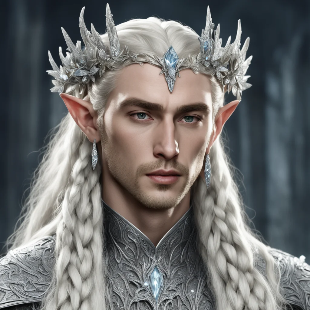  king thranduil with blonde hair and braids wearing silver flowers encrusted with diamonds forming a silver serpentine elvish circlet encrusted with diamonds with large center diamond  amazing aweso