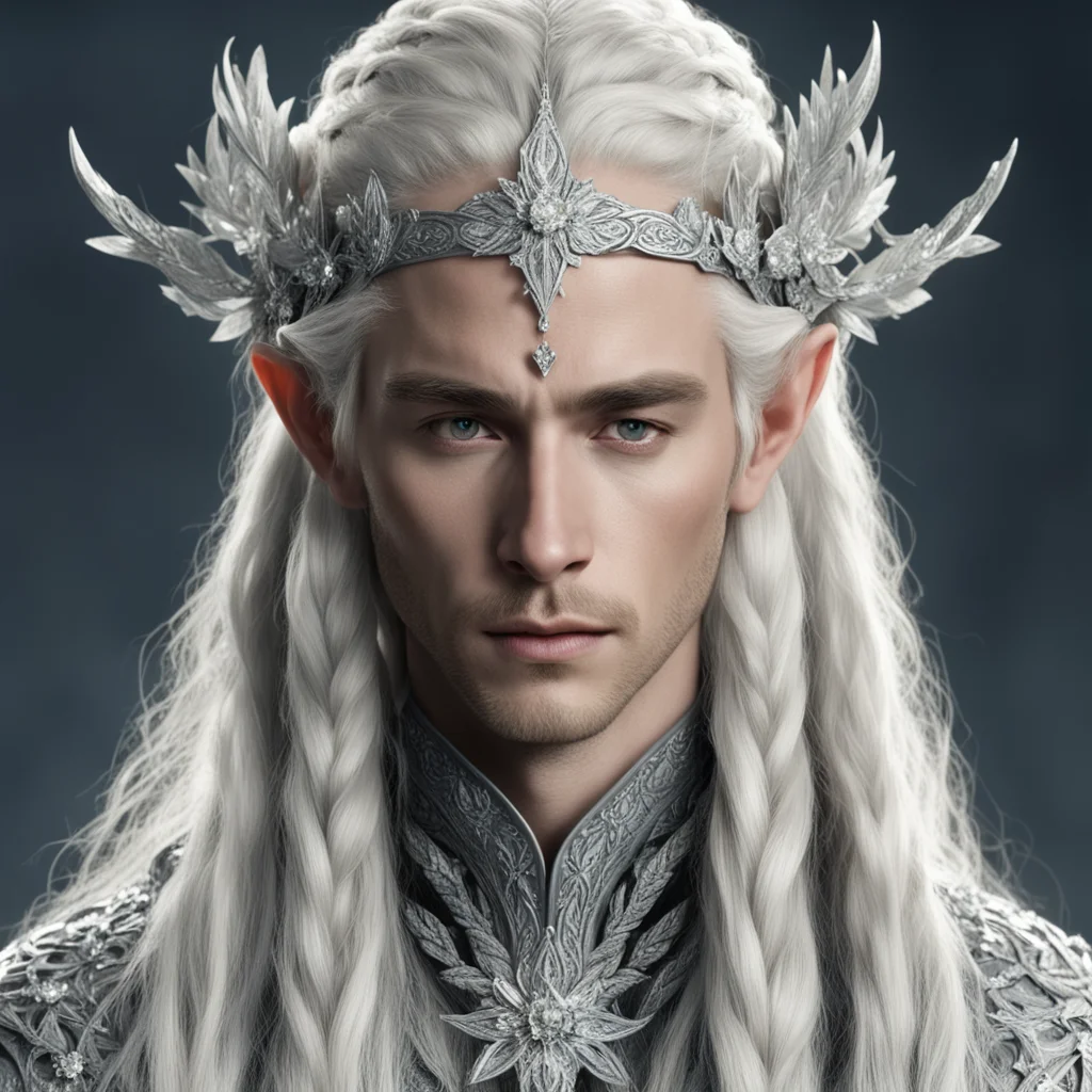  king thranduil with blonde hair and braids wearing silver flowers encrusted with diamonds forming a silver serpentine elvish circlet encrusted with diamonds with large center diamond  confident eng
