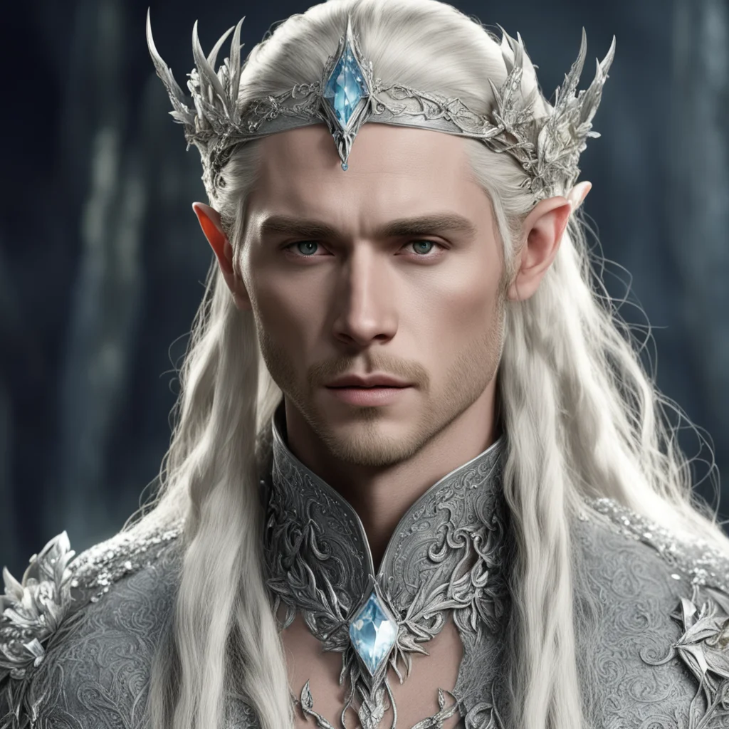  king thranduil with blonde hair and braids wearing silver flowers encrusted with diamonds forming a silver serpentine elvish circlet encrusted with diamonds with large center diamond  good looking 