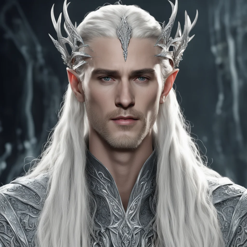  king thranduil with blonde hair and braids wearing silver roses encrusted with diamonds forming a silver serpentine elvish circlet encrusted with diamonds with large center diamond