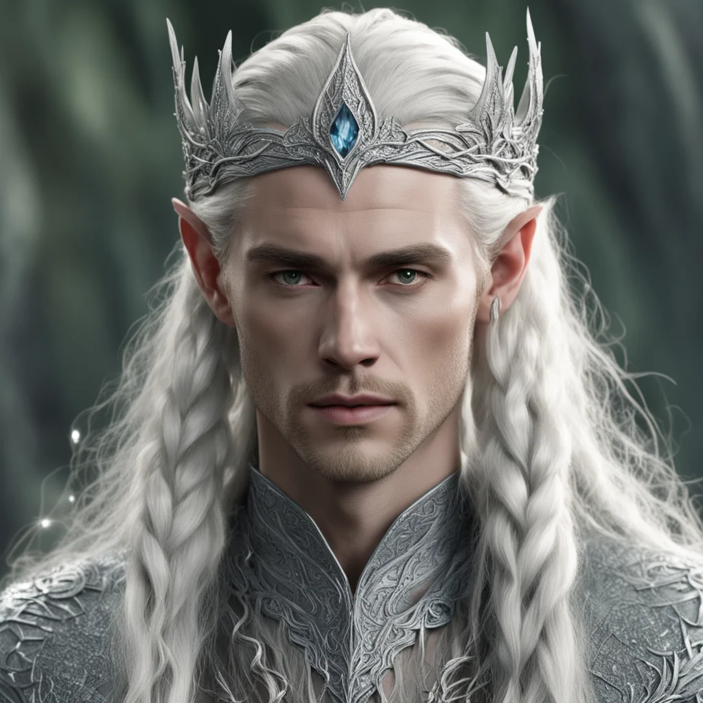 ai king thranduil with blonde hair and braids wearing silver serpentine sindarin elvish circlet encrusted with diamonds with large center diamond  amazing awesome portrait 2