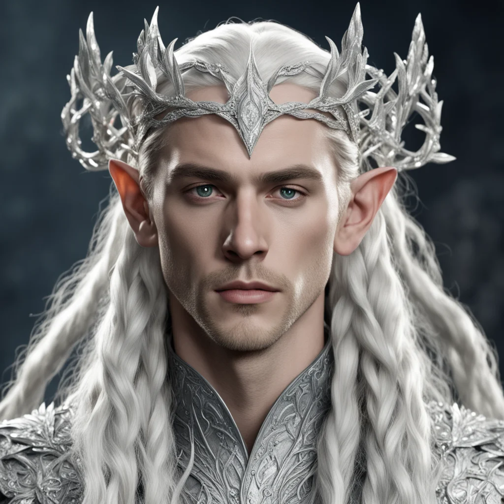  king thranduil with blonde hair and braids wearing silver vines encrusted with diamonds with clusters of diamonds forming a silver serpentine elvish circlet with large center diamond  amazing aweso