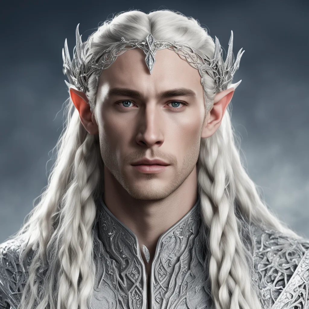 ai king thranduil with blonde hair and braids wearing silver vines encrusted with diamonds with clusters of diamonds forming a silver serpentine elvish circlet with large center diamond 