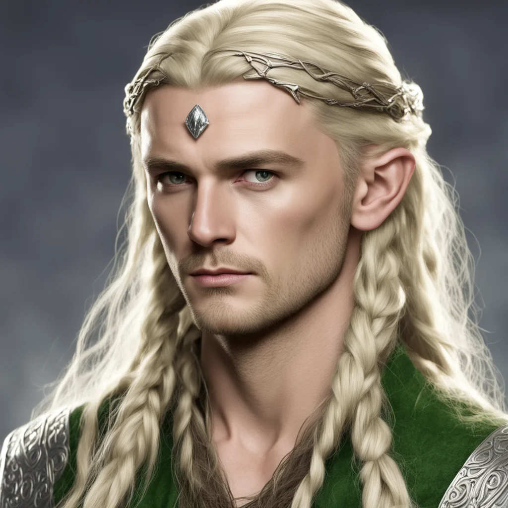 ai legolas with blond hair and braids wearing silver serpentine elvish circlet with large center diamond good looking trending fantastic 1