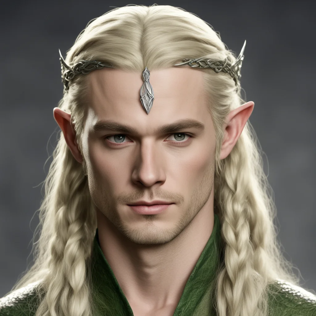 ai legolas with blond hair and braids wearing silver serpentine elvish circlet with large center diamond