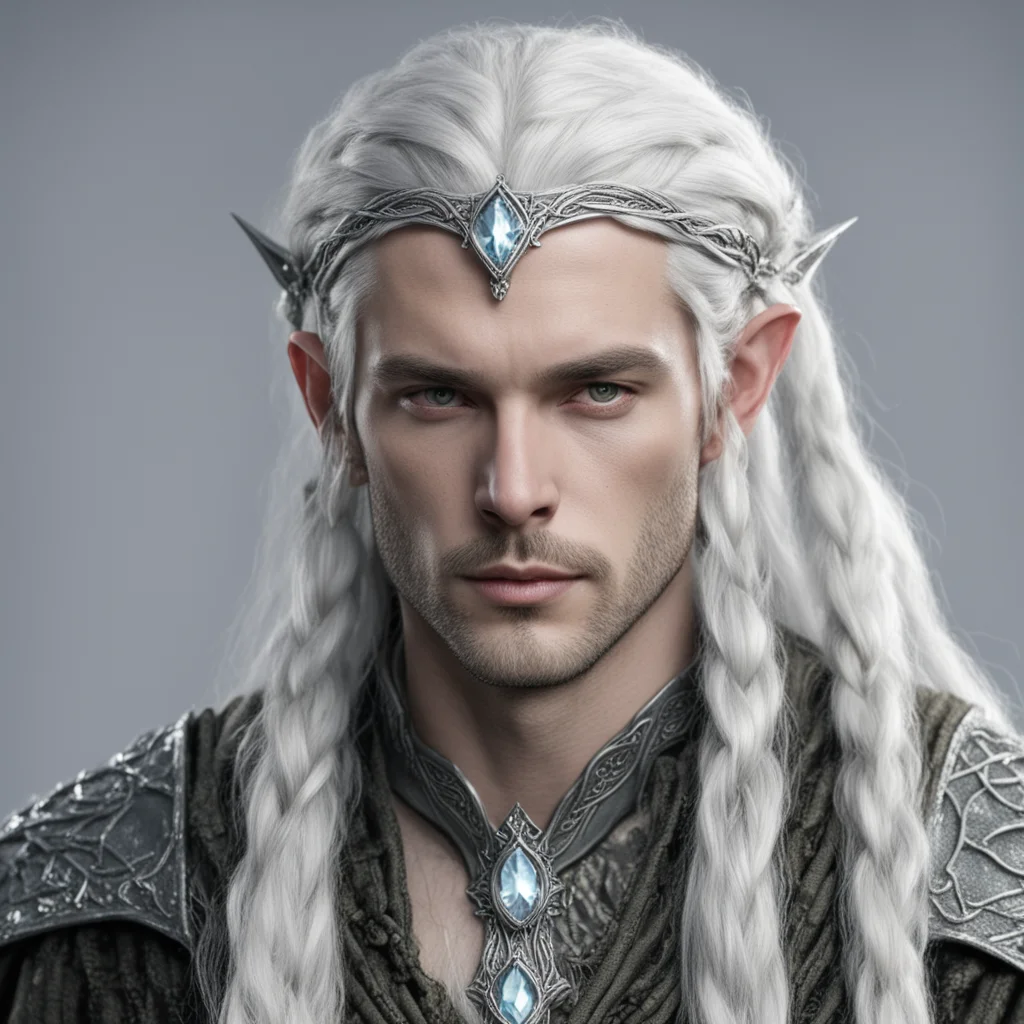 lord celeborn with silver hair and braids wearing small silver serpentine elvish circlet with large center diamond  good looking trending fantastic 1