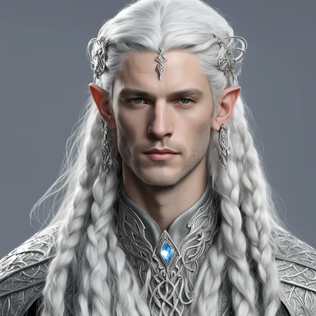 lord celeborn with silver hair and braids wearing small silver serpentine elvish circlet with large center diamond 