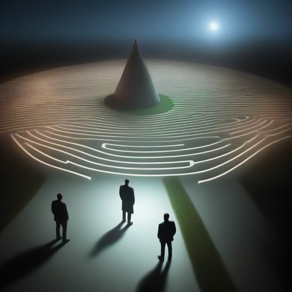  maze with men in front of footspets with light guiding him