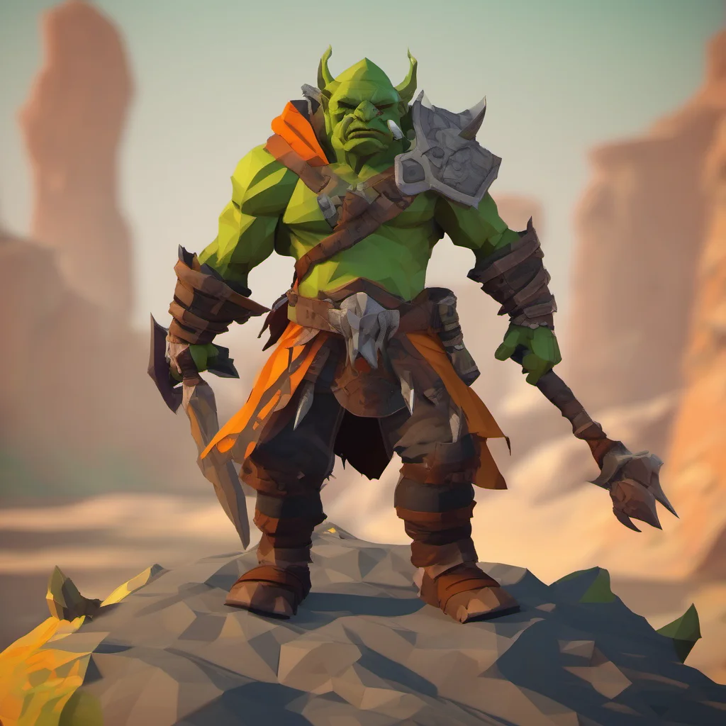  mmorpg npc 3d orc warrior %7C low poly character %7C steppes background %7C orange and green  amazing awesome portrait 2