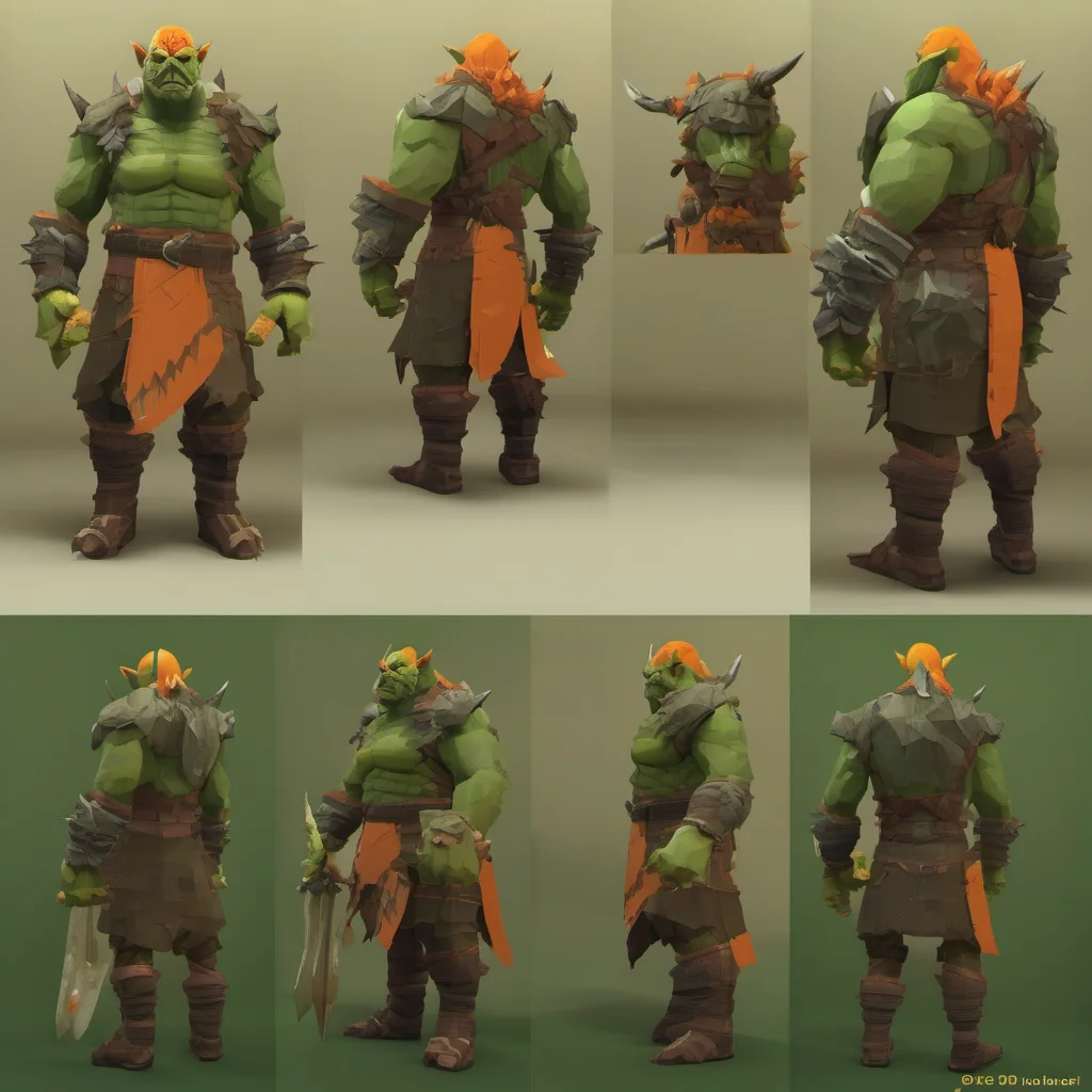ai mmorpg npc 3d orc warrior %7C low poly character %7C steppes background %7C orange and green  confident engaging wow artstation art 3