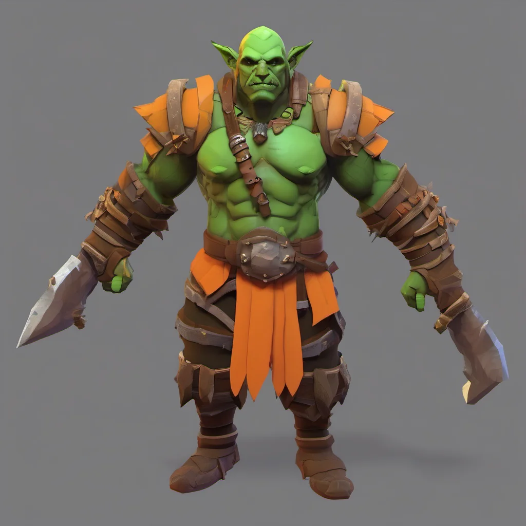  mmorpg npc 3d orc warrior %7C low poly character %7C steppes background %7C orange and green 