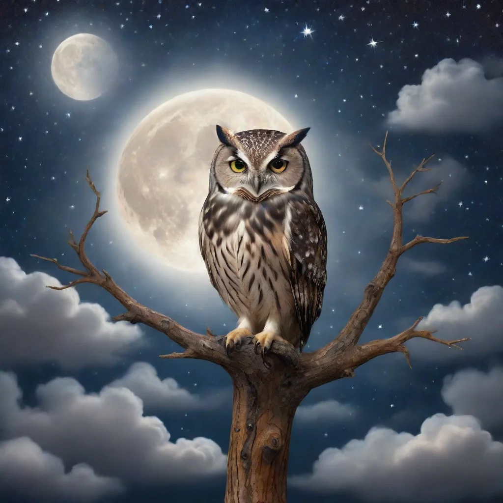  owl in a starry night tree full moon and clouds