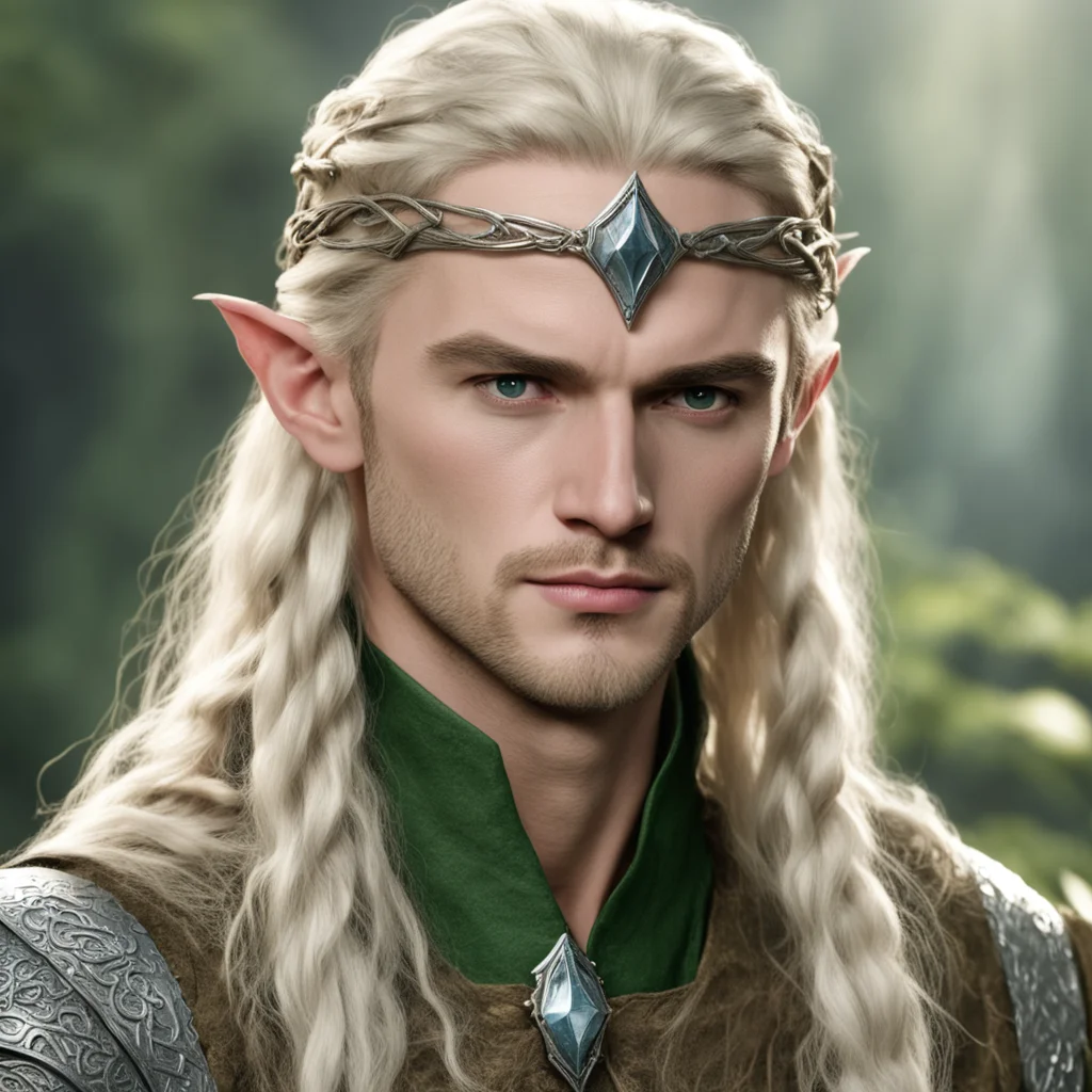  prince legolas with blond hair and braids wearing silver serpentine elvish circlet with large center diamond