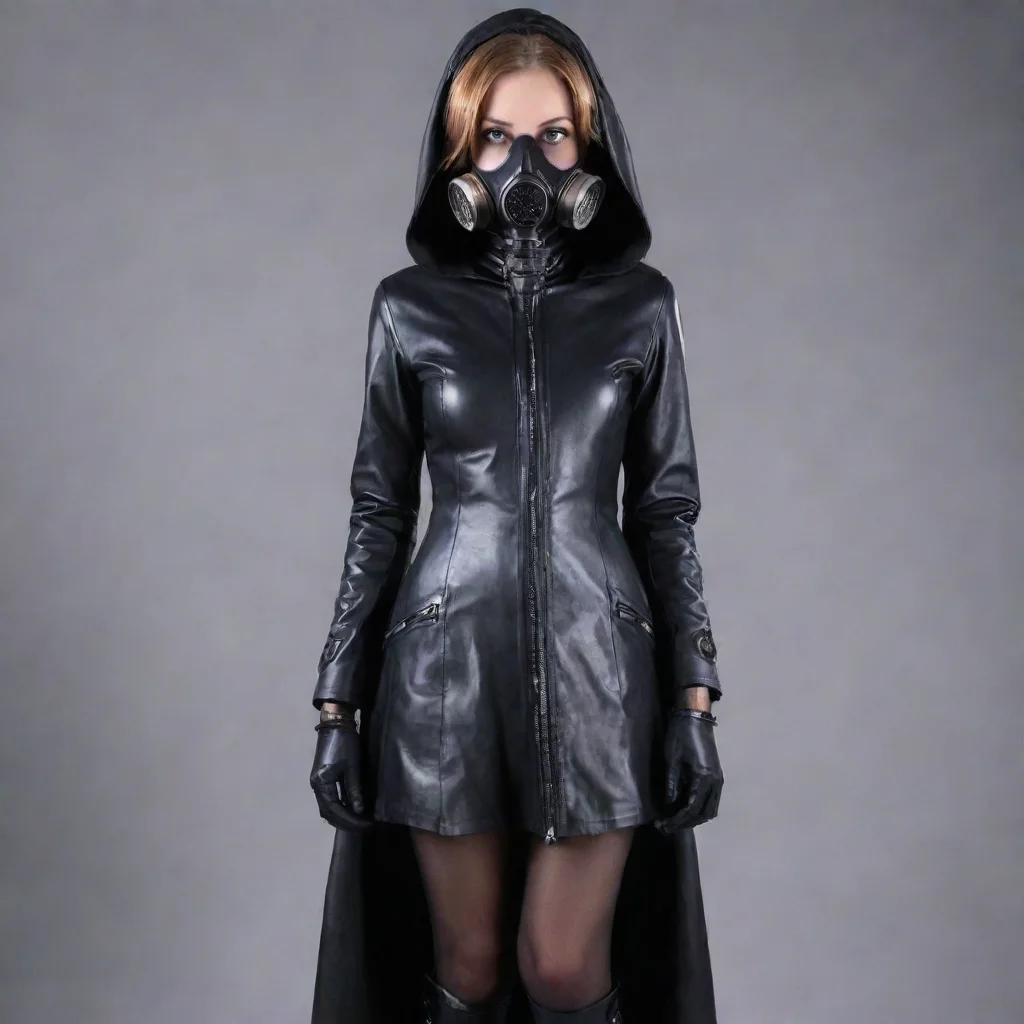  rubber gasmask girl long coat with hood and zipper 