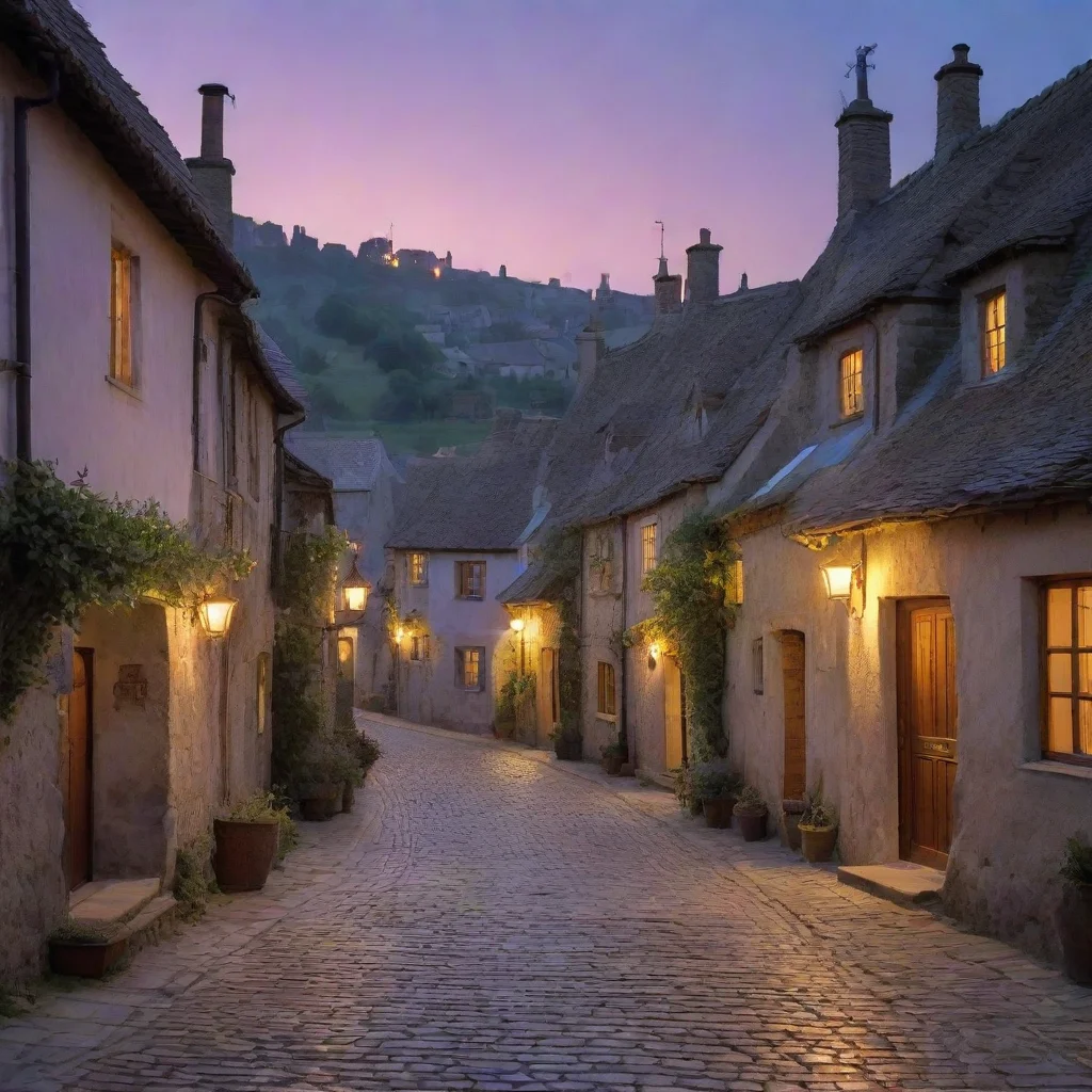  rustic village at twilight houses gently bathed in delicate celestial radiance set along cobbled