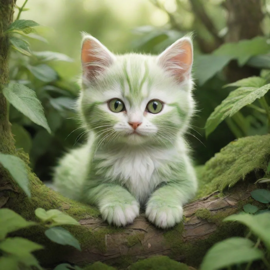 ai serene green kitten in repose nestled amidst a miyazaki style intricate environment soft fuzzy te