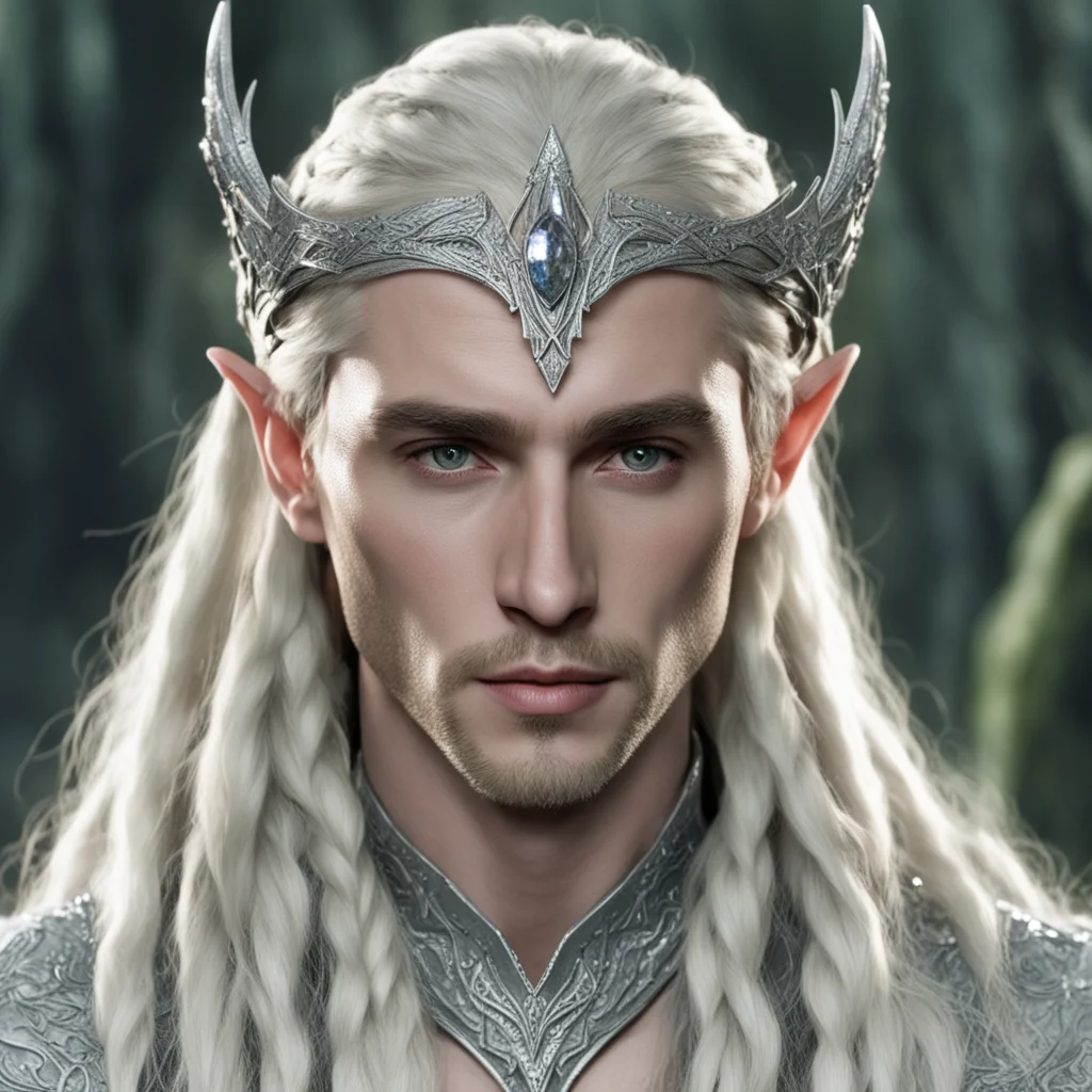 ai thranduil with blond hair and braids wearing silver serpentine elvish circlet encrusted with diamonds with large center diamond confident engaging wow artstation art 3