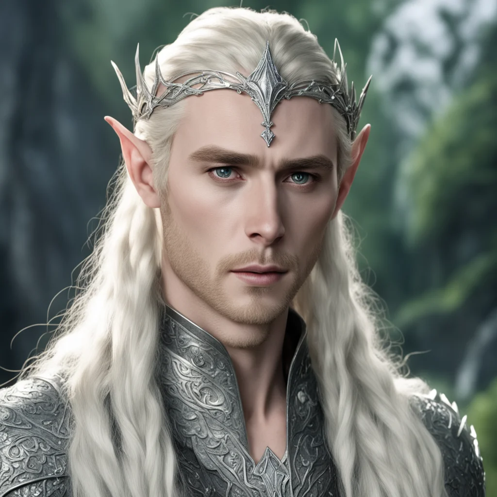  thranduil with blond hair and braids wearing silver serpentine elvish circlet encrusted with diamonds with large center diamond