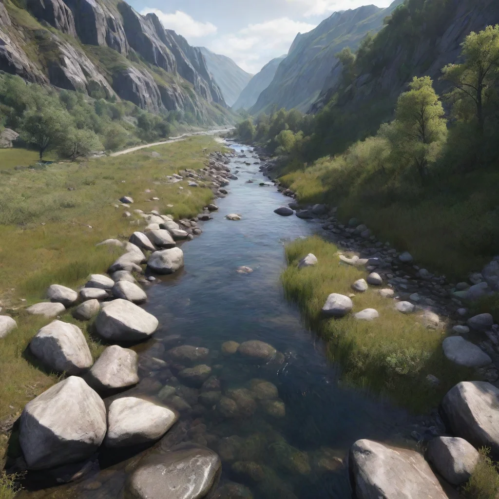 ai ultradetailed realistic hd clear realistic lifelike river down the walley and over some roks 
