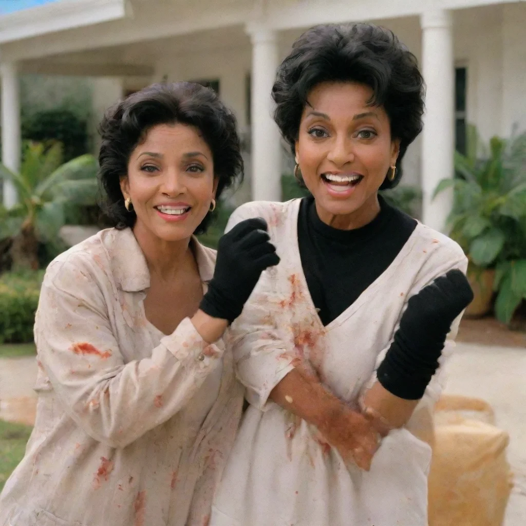  unstoppable phylicia rashad actress as clair huxtable from the cosby show  smiling seriously at a beach house in jamaica with black gloves and powerful rocket launcher and mayonnaise splashing and 