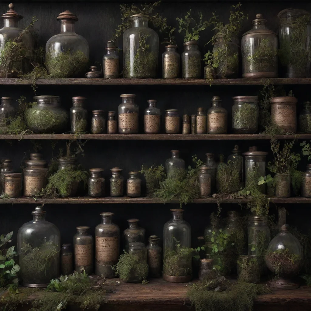  vintage apothecary overgrown extremely detailed intricate dark moody