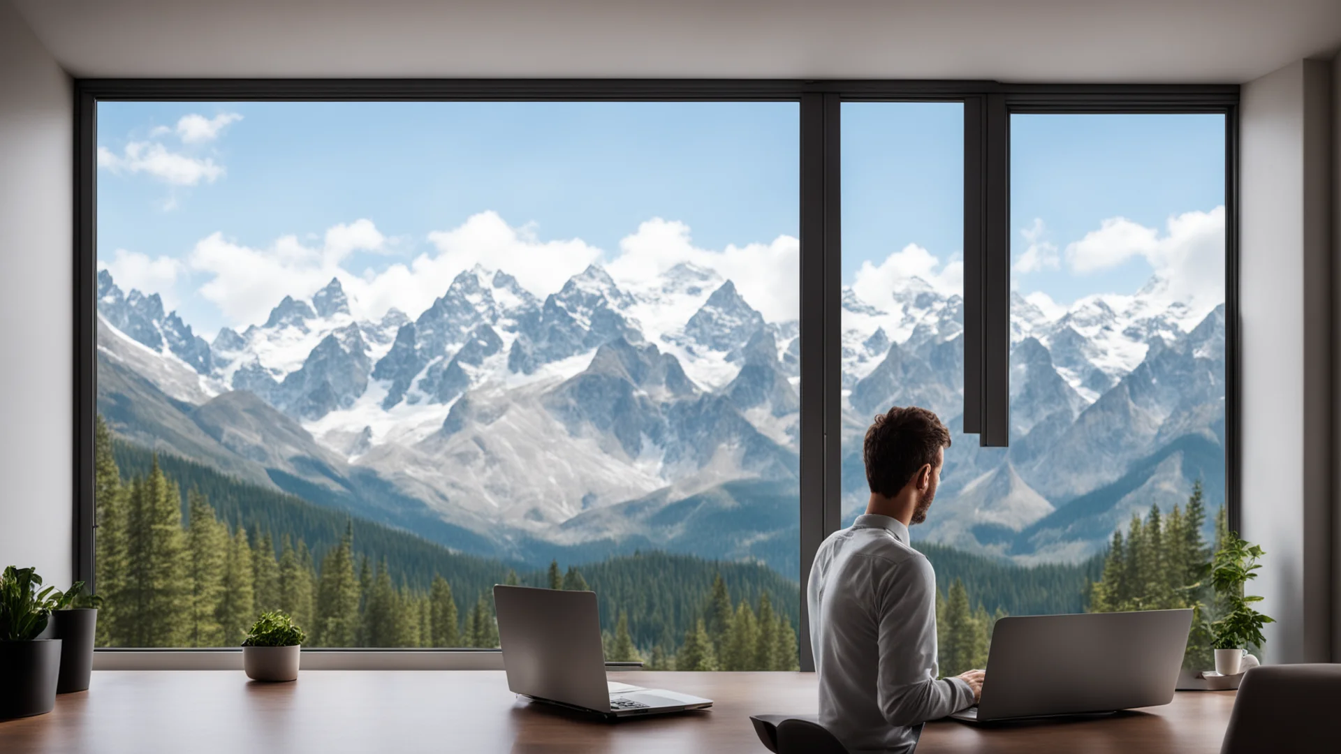  working man on laptop with mountains outside the window amazing awesome portrait 2 wide