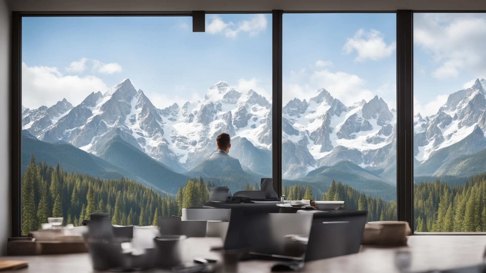  working man on laptop with mountains outside the window confident engaging wow artstation art 3 wide