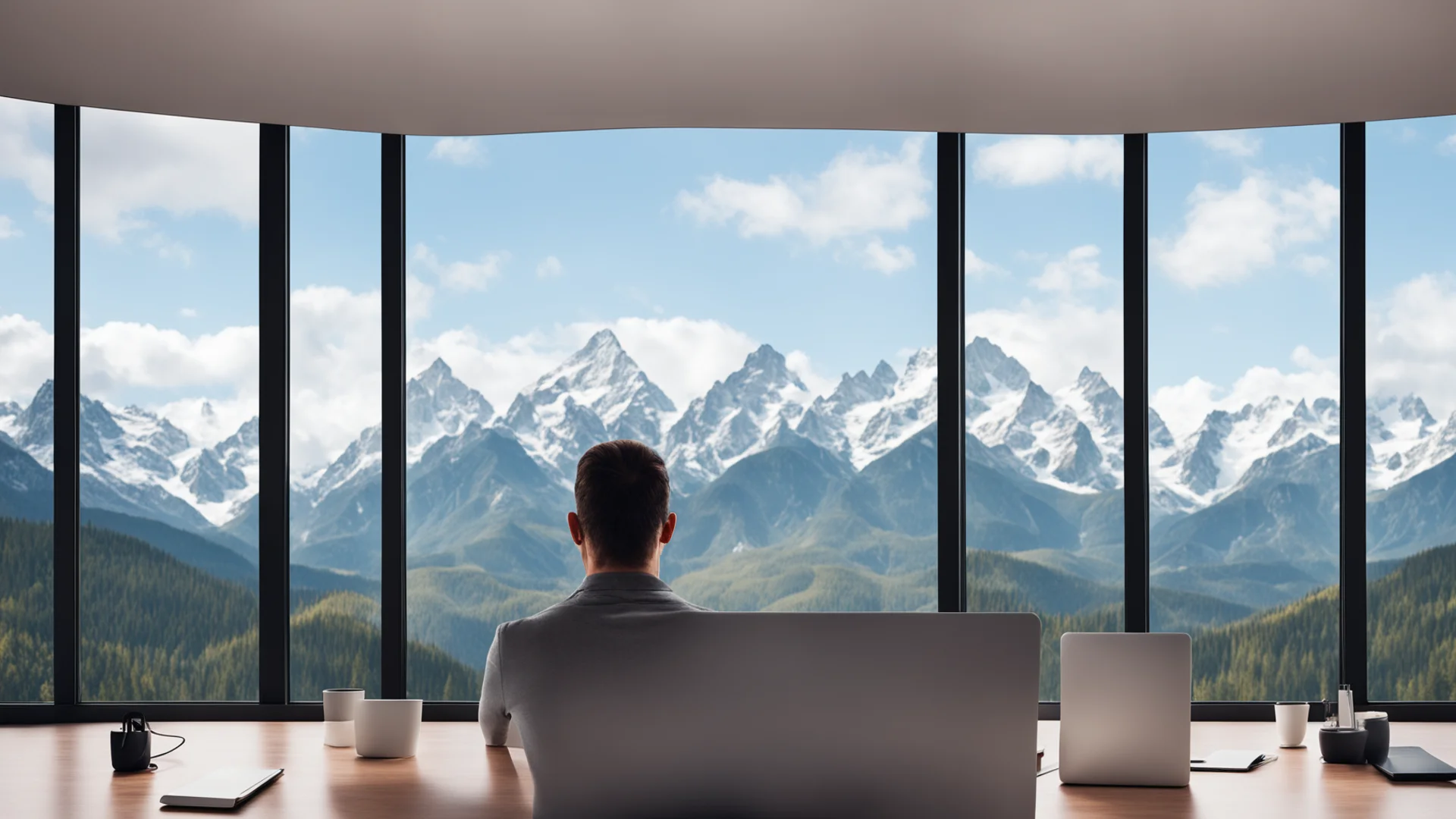  working man on laptop with mountains outside the window wide