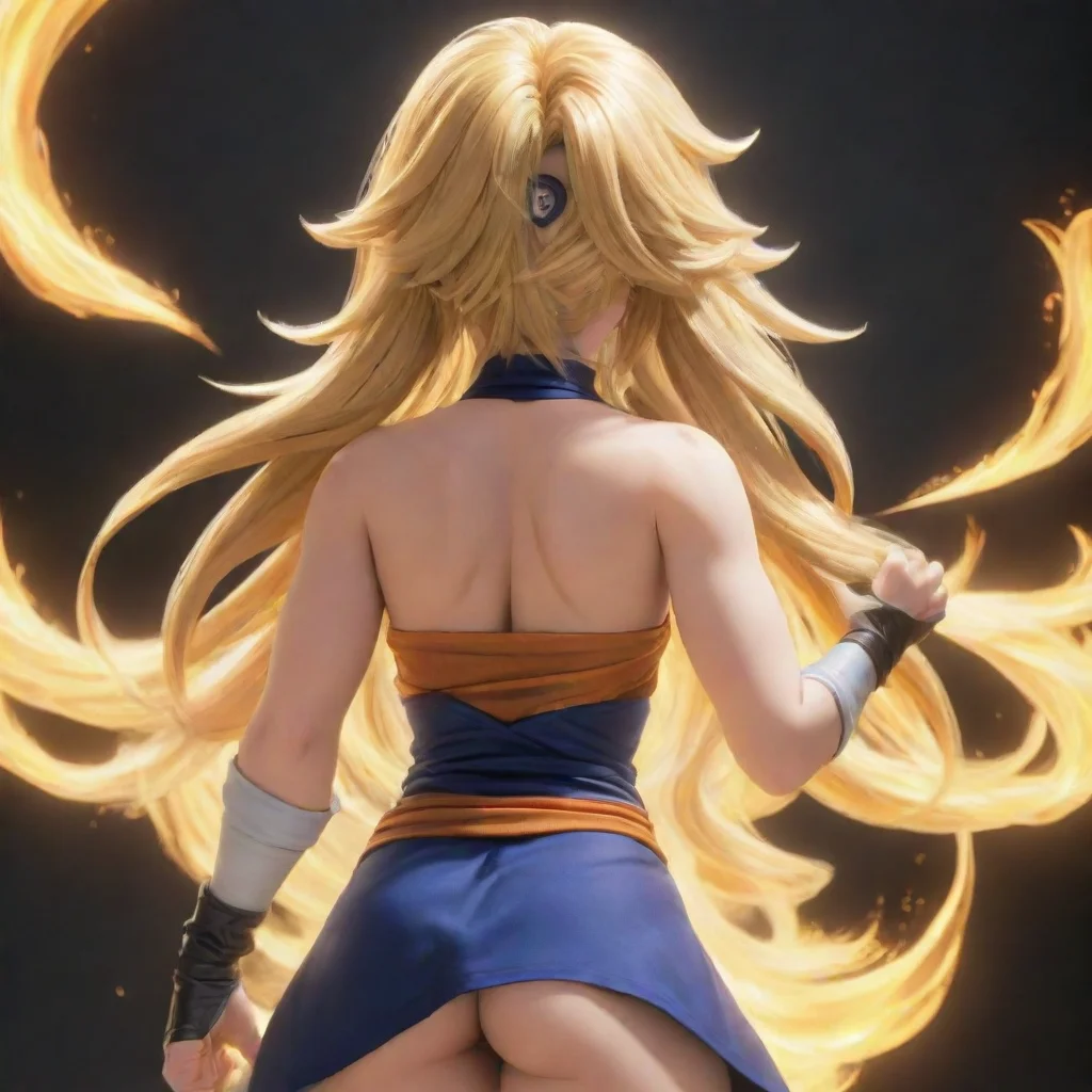 ai yang xiao long in the ultra instinct sign pose with her back facing the viewer.