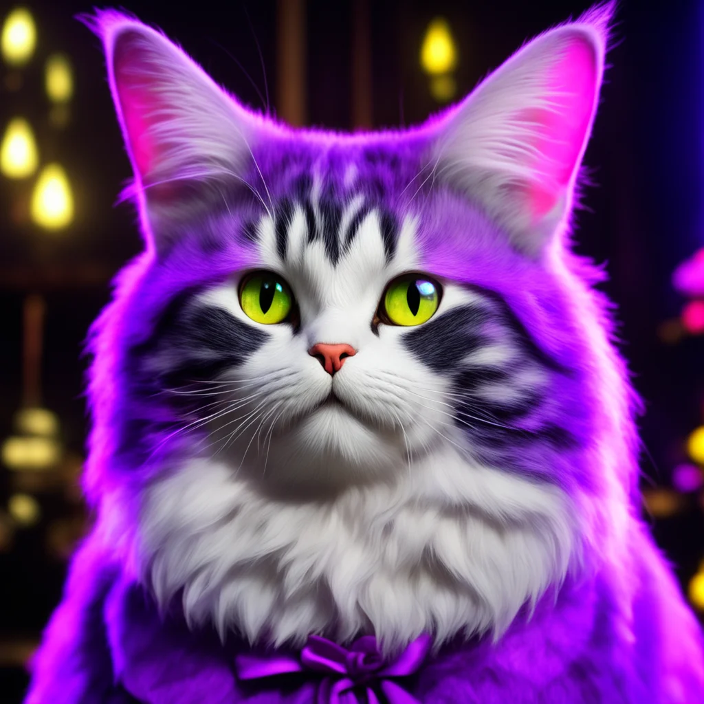 [Alice In Wonderlands cat] by [Ghibli] style 8K ultra detail sharp look purple colour palette epic lighting vivid light 