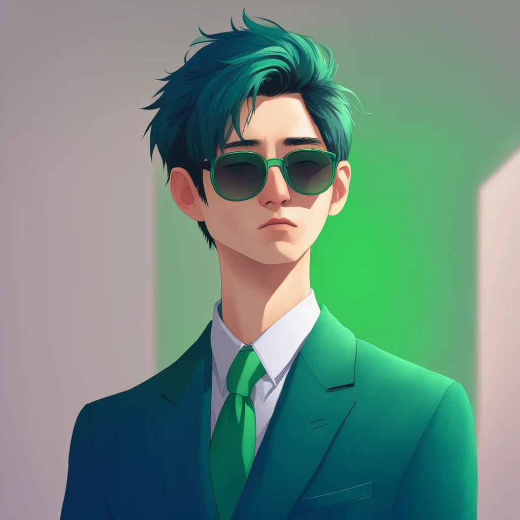 [a medium age slender asian man] of [Ghibli] art style 34 side face look Blue and Green colour palette pomade hair wear 
