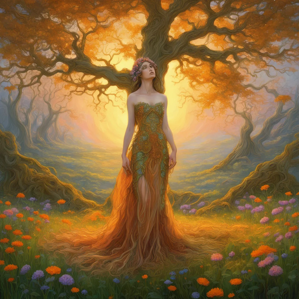 “beautiful dryad and a huge gnarled tree translucent strapless dressgreek mythology meadow springtime wildflowers orange