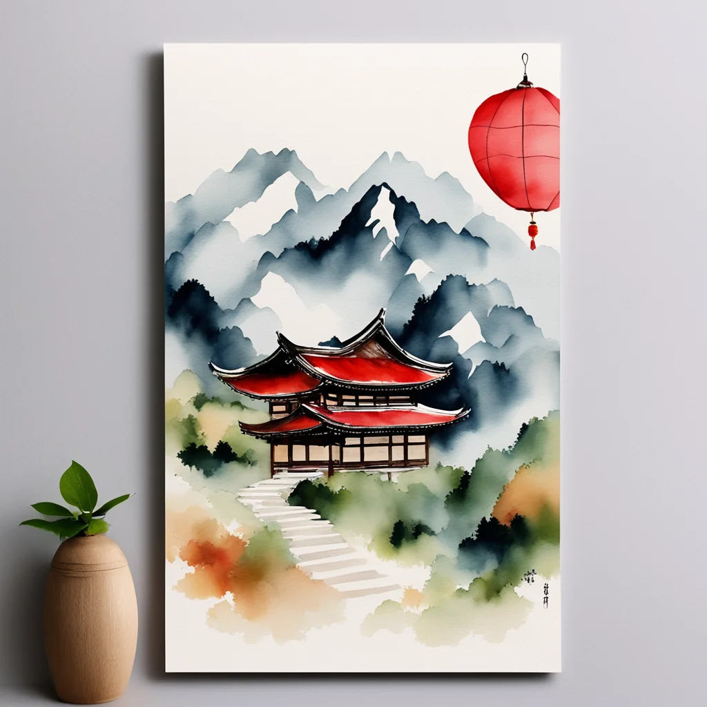 蓮花燈籠 Chinese Brush Painting style wooden Alps house wedding card invitation chinese lantern moutains in the background w