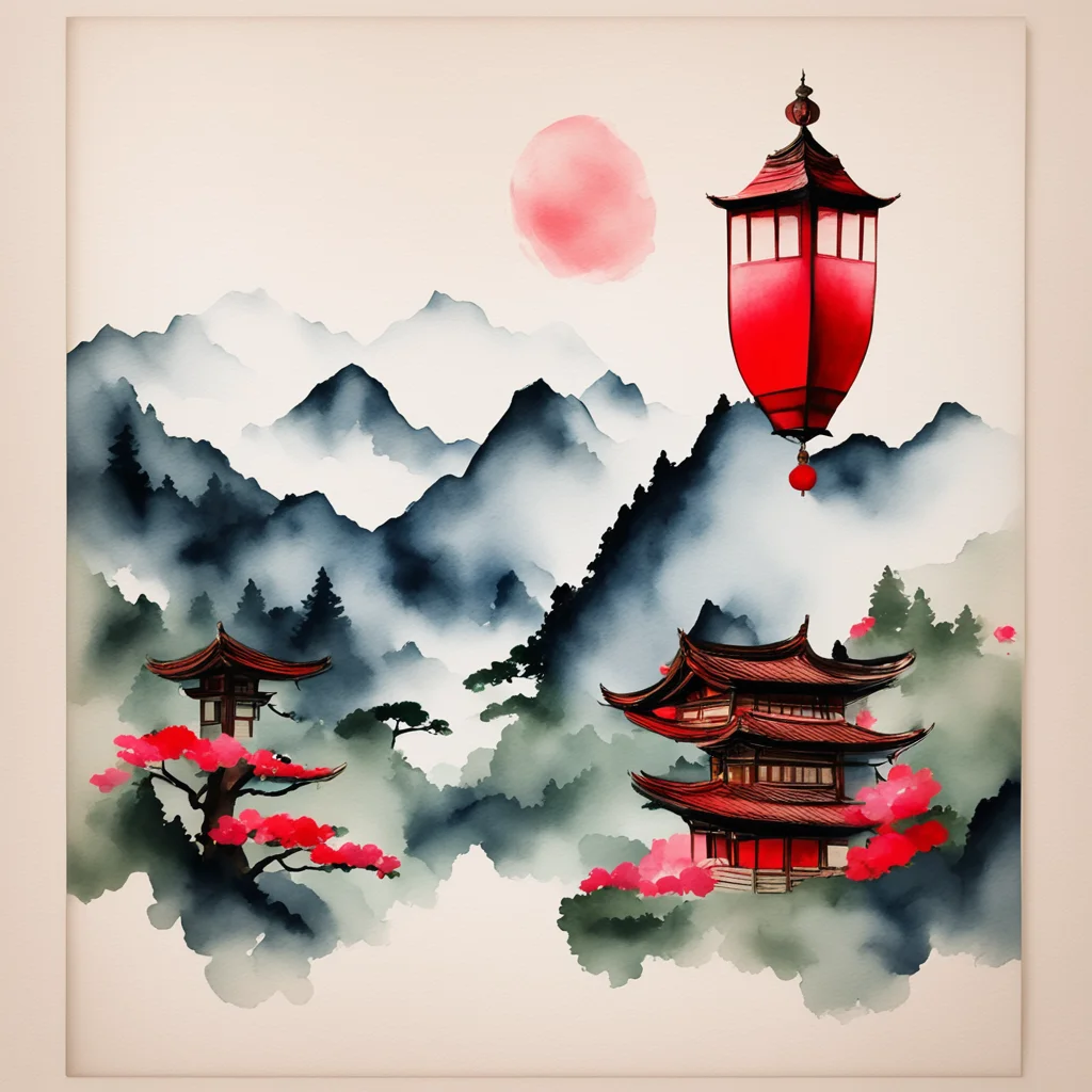 蓮花燈籠 Chinese Brush Painting style wooden Alps house wedding card invitation red lantern moutains in the background water