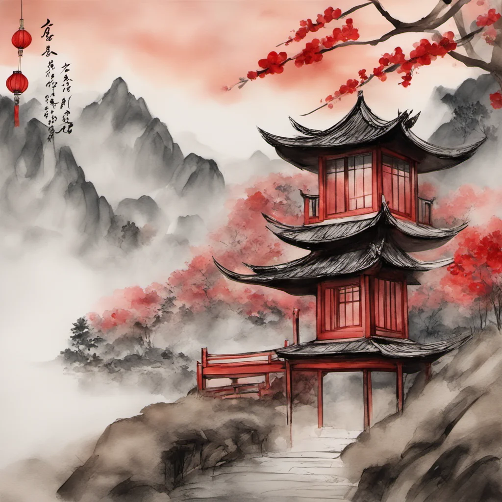 蓮花燈籠 Chinese Brush Painting style wooden Alps house wedding card invitation red lantern moutains in the background watercolor elegant DMT light paper ar