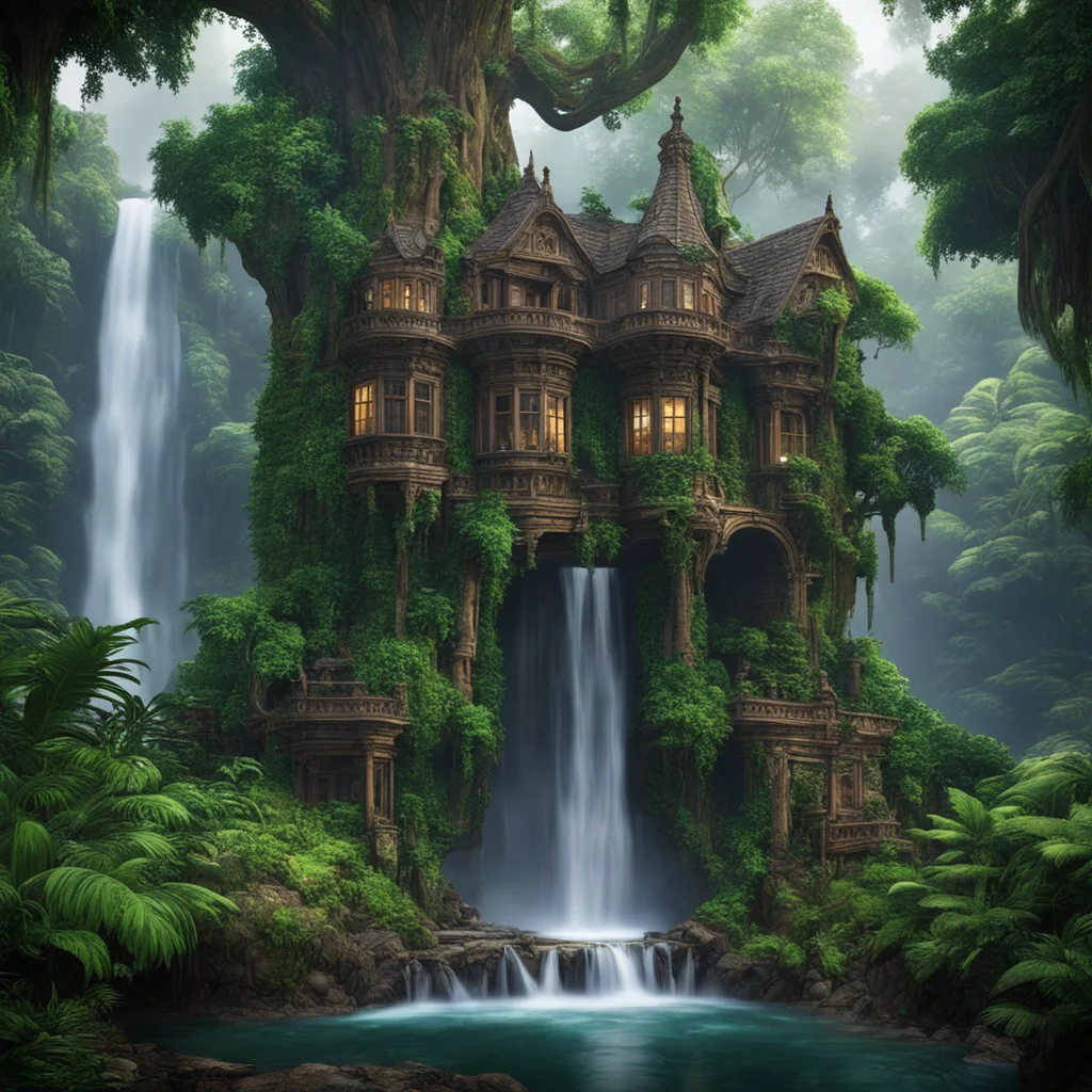  a Victorian mansion carved into a huge tree beside a waterfall in a dense jungle uplight stop 80  cinematic —ar 23 upli